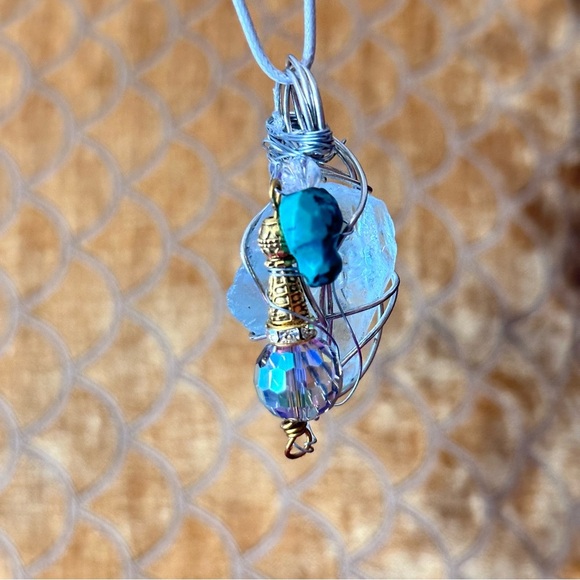 Blue Sea Beach Glass Pendant Beaded Accent Artisan Silver Wire-Wrapped Necklace - Picture 11 of 11